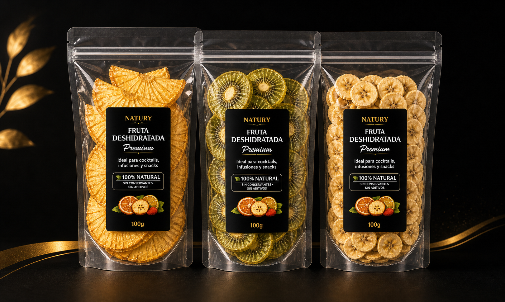 Pack promocional NATURY de tres bolsas de 100g de fruta deshidratada